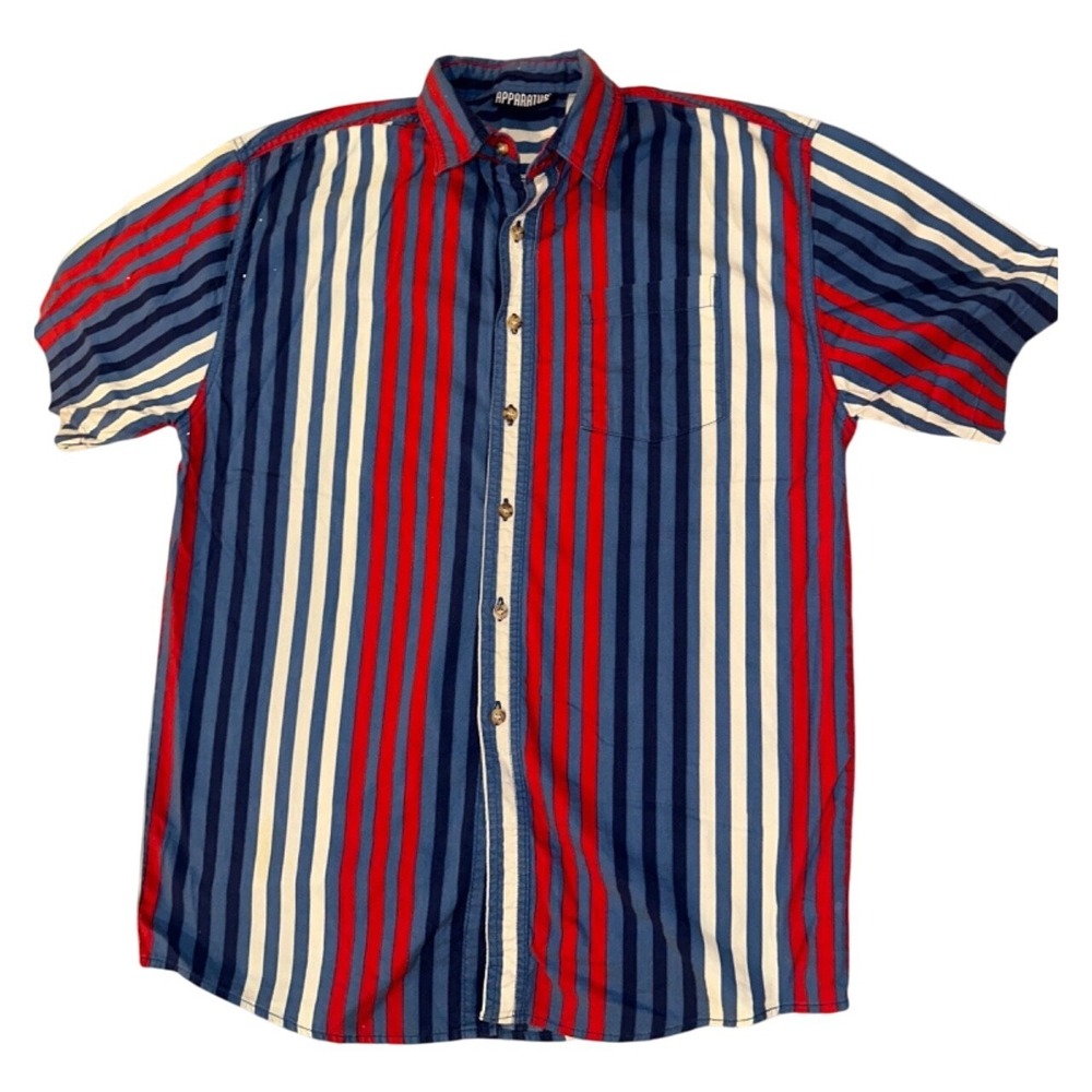 Apparatus Striped Button Up Shirt Short Sleeve Casual Red White Blue XL vintage